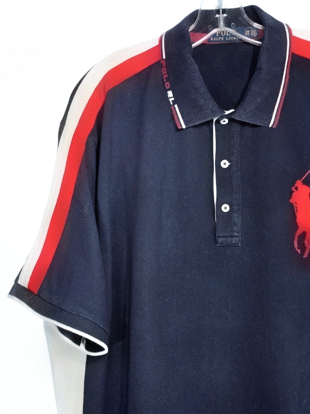 Polo Ralph Lauren Big Pony Polo Shirt 2XB Navy Red White Woven Collar Trim Logo - Picture 12 of 13